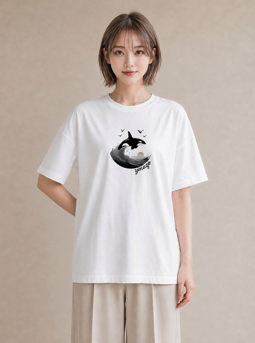 半袖Tシャツ レディース シャチ 海の生き物 海 イラスト 個性的 夏コーデ 通学 白T