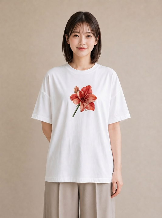 グラフィックTシャツ レディース ゆり 百合 花 花柄 イラスト きれいめカジュアル ビーチ デイリーウェア 白T