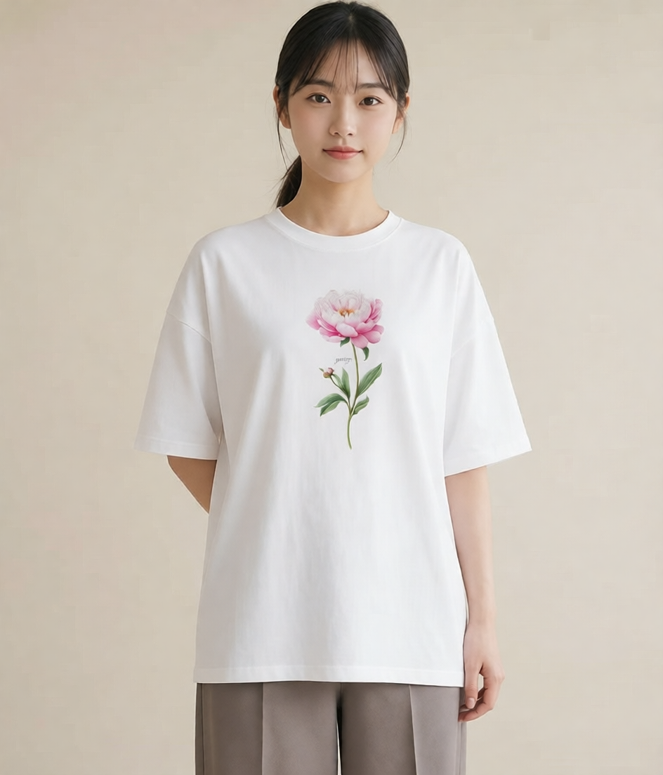 Tシャツ レディース 牡丹 花 花柄 イラスト ヴィンテージ風 母娘コーデ 自分用 白T