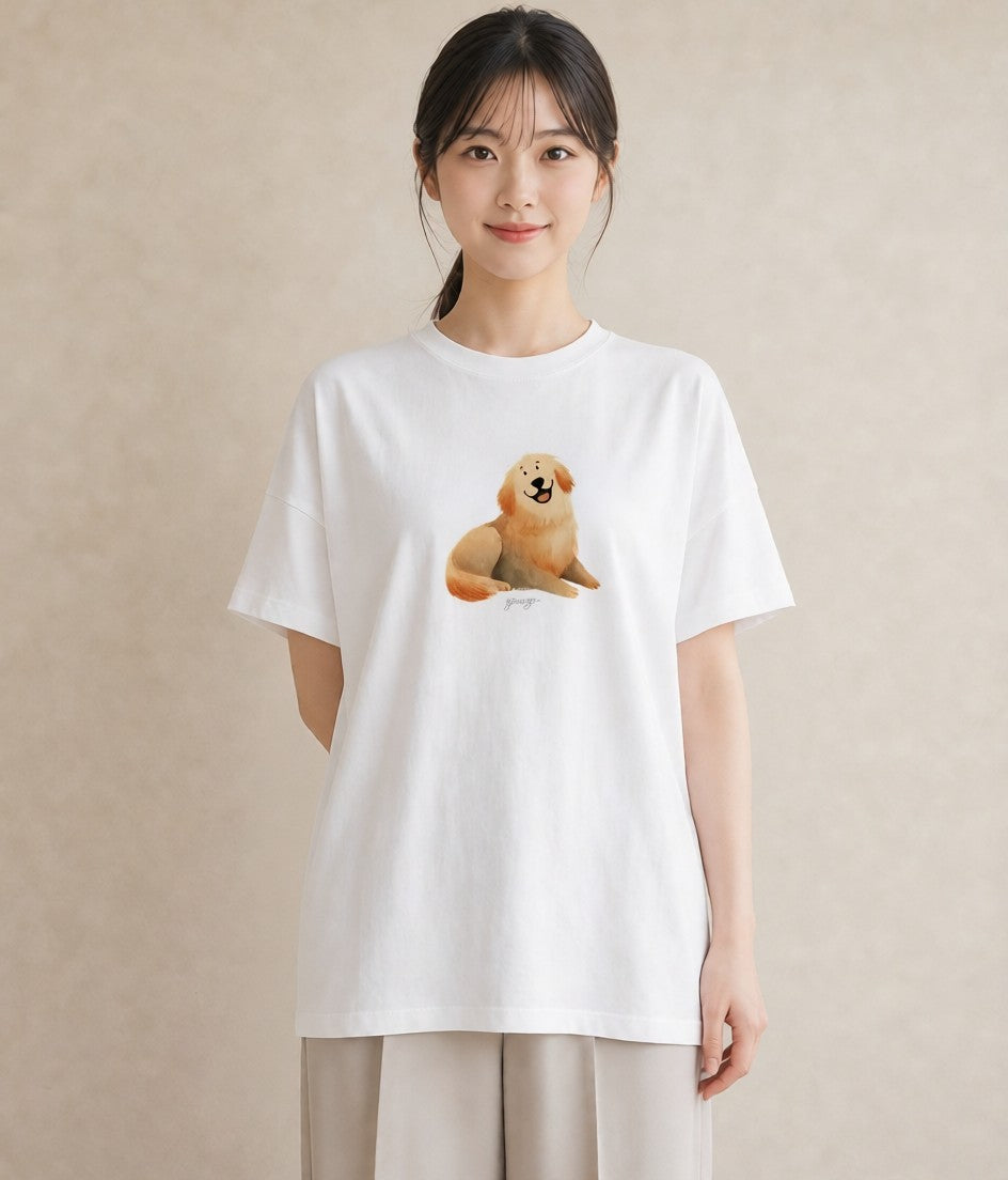 半袖Tシャツ レディース わんちゃん 犬 いぬ イラスト ラフ 普段着 週末コーデ 白T