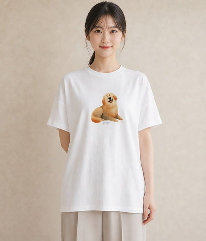 半袖Tシャツ レディース わんちゃん 犬 いぬ イラスト ラフ 普段着 週末コーデ 白T