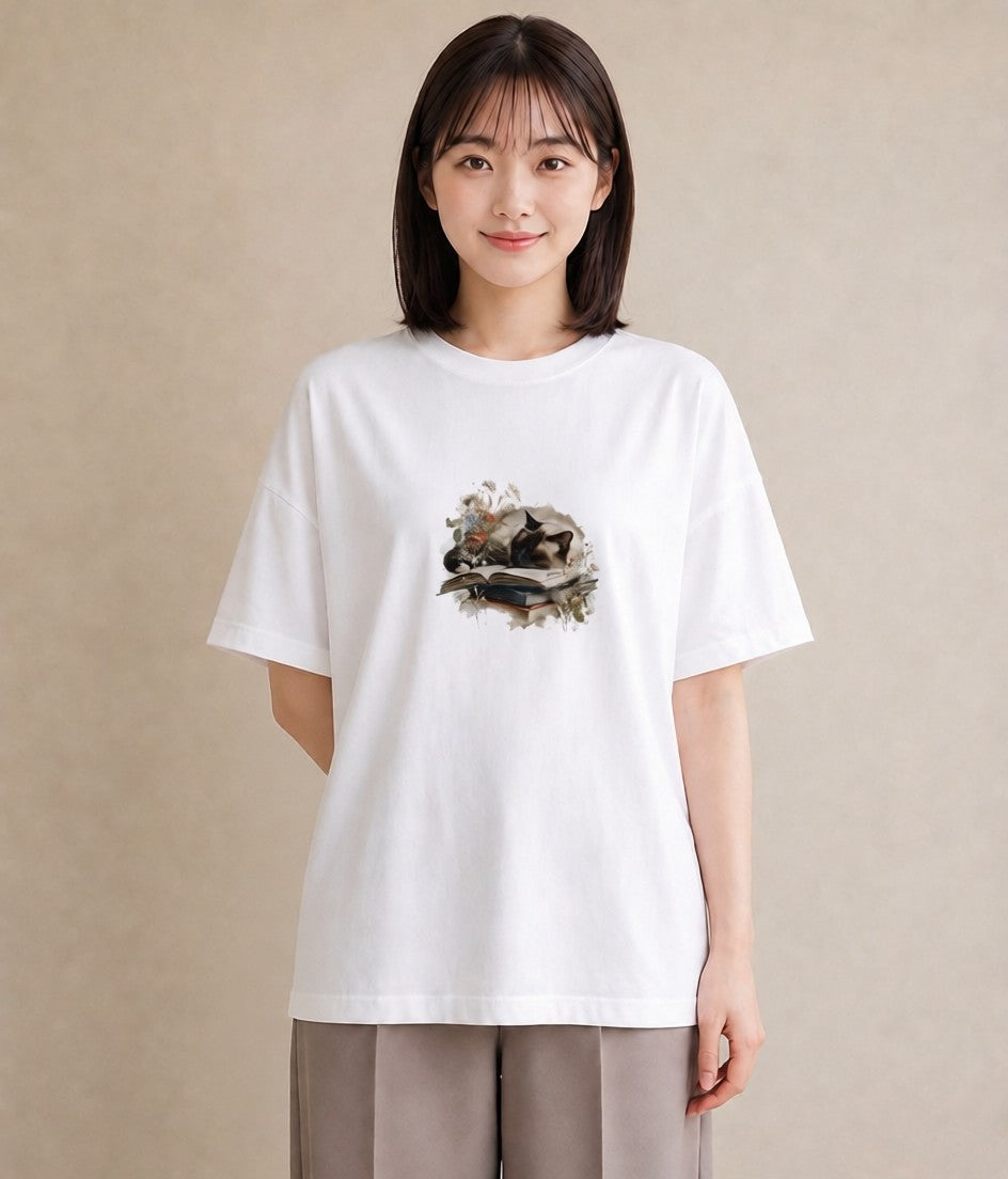 半袖Tシャツ レディース シャム柄 猫 ねこ イラスト モード 女子会 お揃い 白T