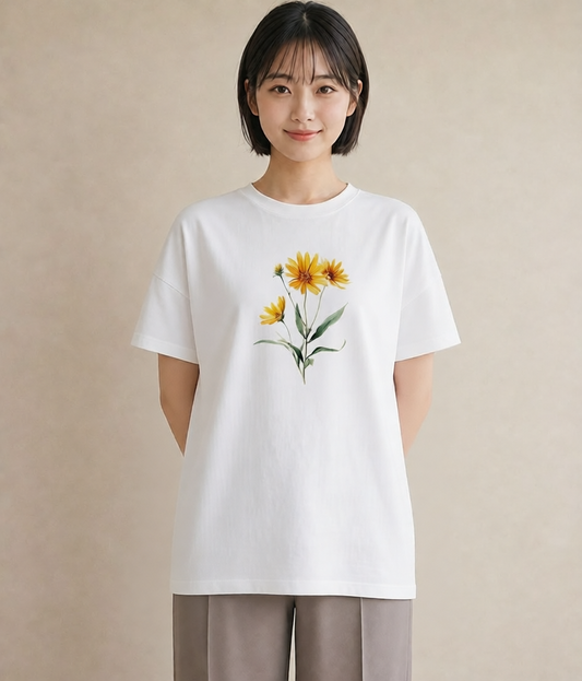 プリントTシャツ レディース ひまわり 向日葵 花 花柄 イラスト 普段使い 休日 ペアコーデ 白T