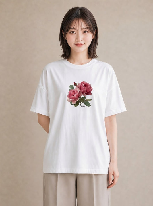 半袖Tシャツ レディース バラ 薔薇 ローズ 花 花柄 イラスト アート風 女性 旅行用 白T