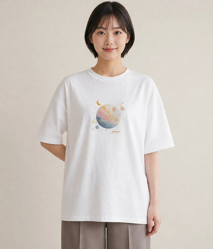 プリントTシャツ レディース 満月 星空 宇宙 イラスト きれいめカジュアル クリスマス 旅行 白T