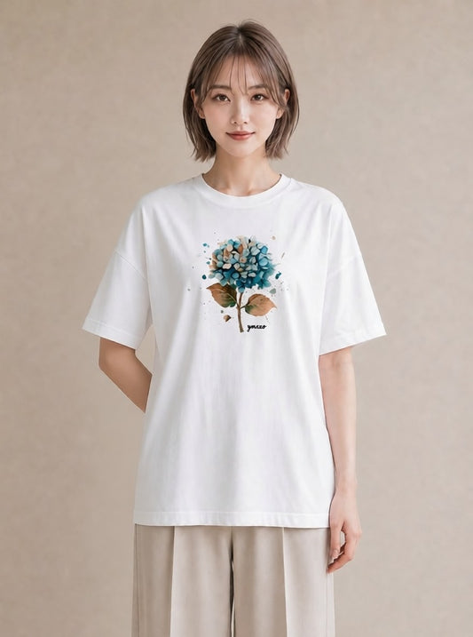 デザインTシャツ レディース あじさい 紫陽花 アジサイ 花 花柄 イラスト お洒落 カフェ服 クリスマス 白T