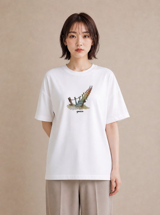 Tシャツ レディース 小川 橋 せせらぎ ナチュラル アンティーク イラスト ゆるかわ デート 帰省 白T