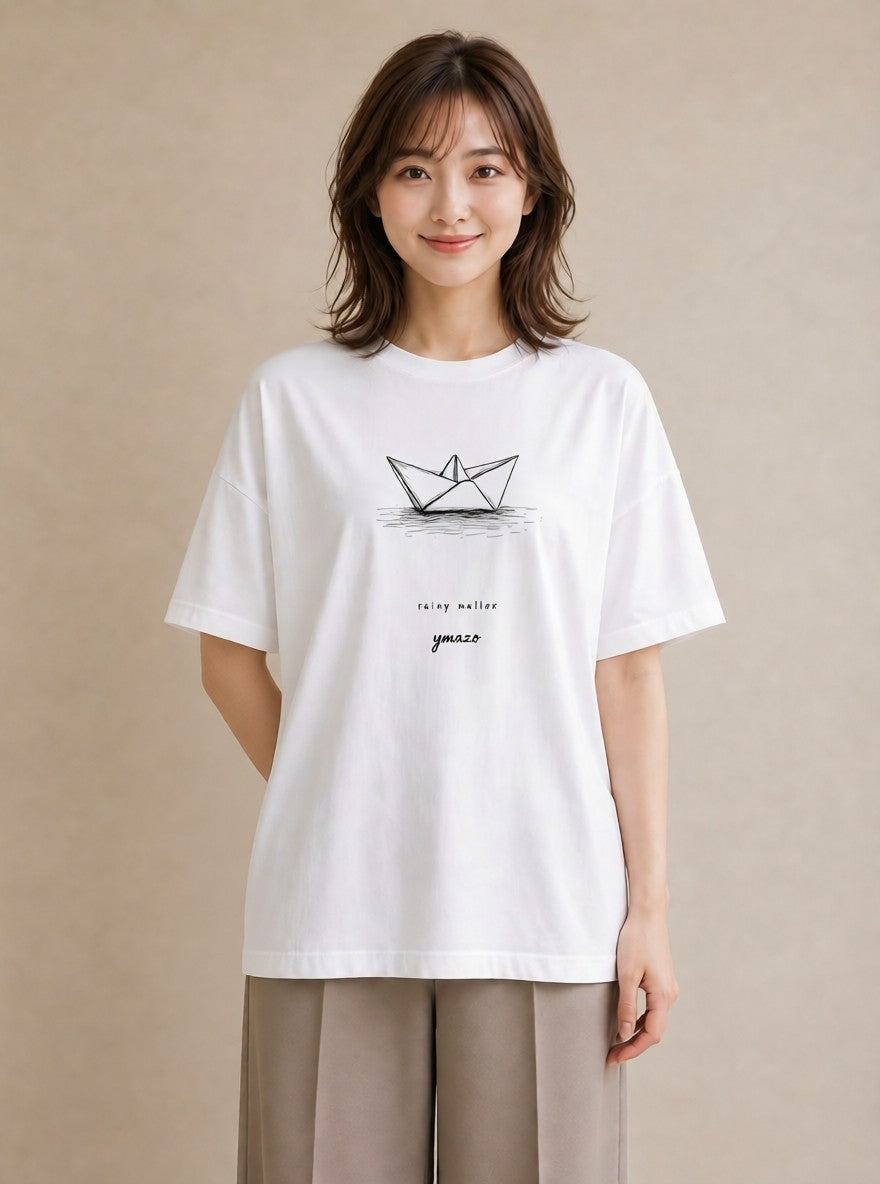 半袖Tシャツ レディース 紙の船 水辺 ナチュラル アンティーク イラスト ポップ 公園 ママ 白T