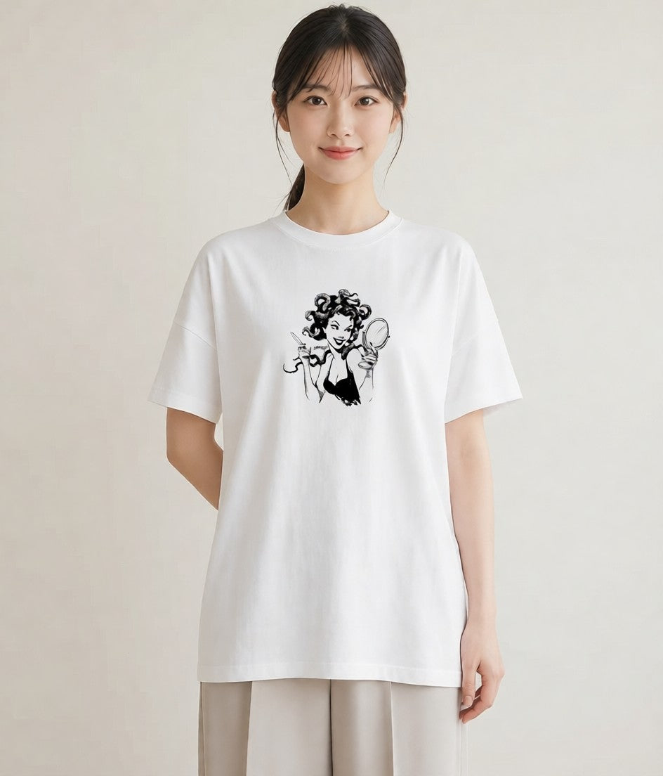 Tシャツ レディース 手鏡 アンティーク レトロ ナチュラル イラスト 北欧風 帰省 ラフ 白T