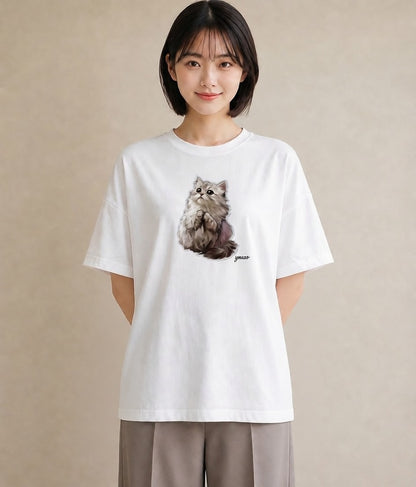 半袖Tシャツ レディース スコティッシュフォールド 猫 ねこ イラスト きれいめ カフェ服 クリスマス 白T