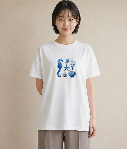 半袖Tシャツ レディース タツノオトシゴ 海の生き物 海 イラスト ヴィンテージ風 休日 ペアコーデ 白T