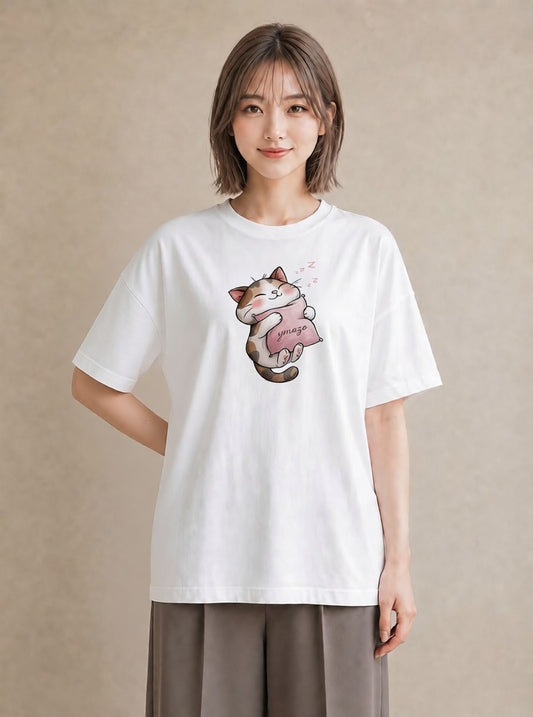プリントTシャツ レディース ニャンコ 猫 ねこ イラスト シンプル 自分用 ルームウェア 白T