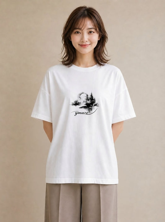 グラフィックTシャツ レディース 窓辺の雨 雨の日 窓 ナチュラル アンティーク イラスト ヴィンテージ風 ビーチ デイリーウェア 白T