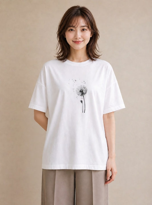 半袖Tシャツ レディース たんぽぽ 花 花柄 イラスト ラフカジュアル 週末コーデ 敬老の日 白T