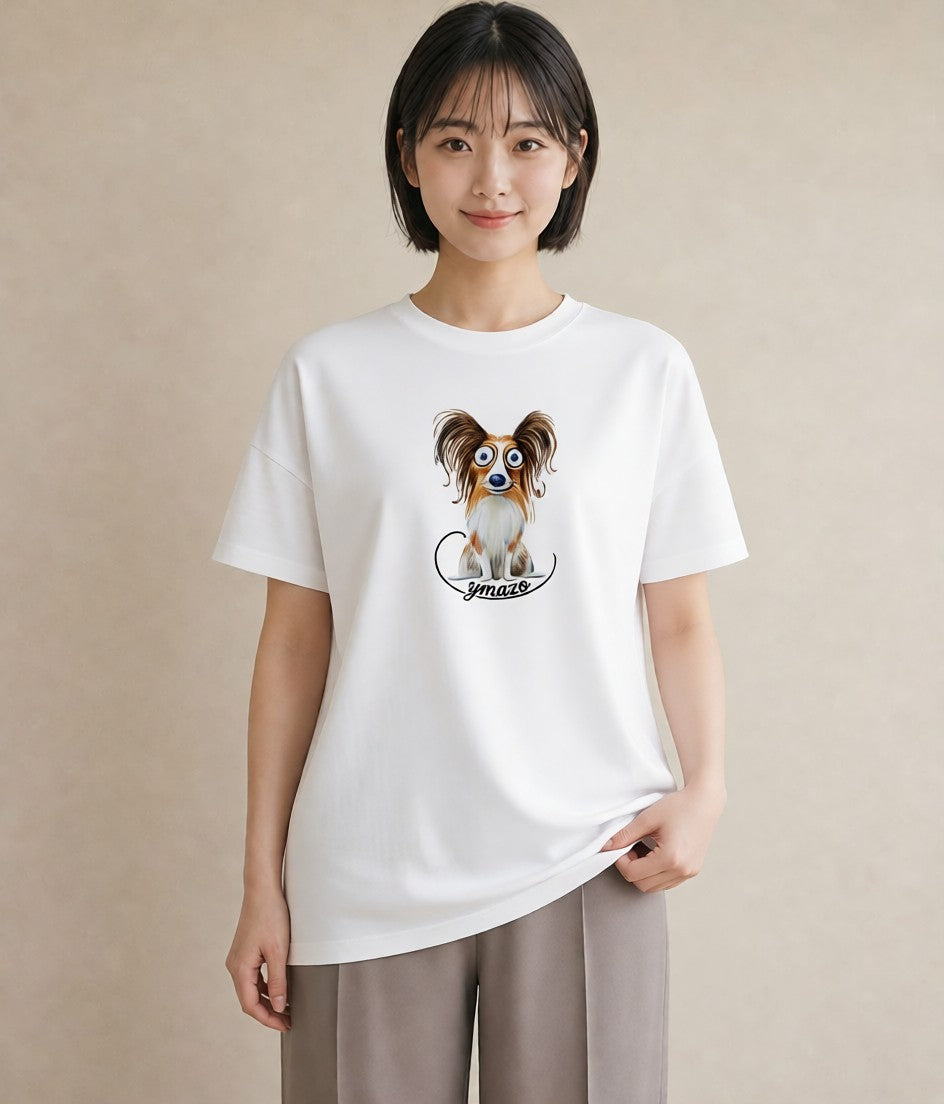 半袖Tシャツ レディース パピヨン 犬 いぬ イラスト アート風 20代 カジュアルコーデ 白T