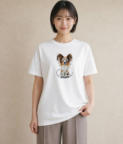 半袖Tシャツ レディース パピヨン 犬 いぬ イラスト アート風 20代 カジュアルコーデ 白T