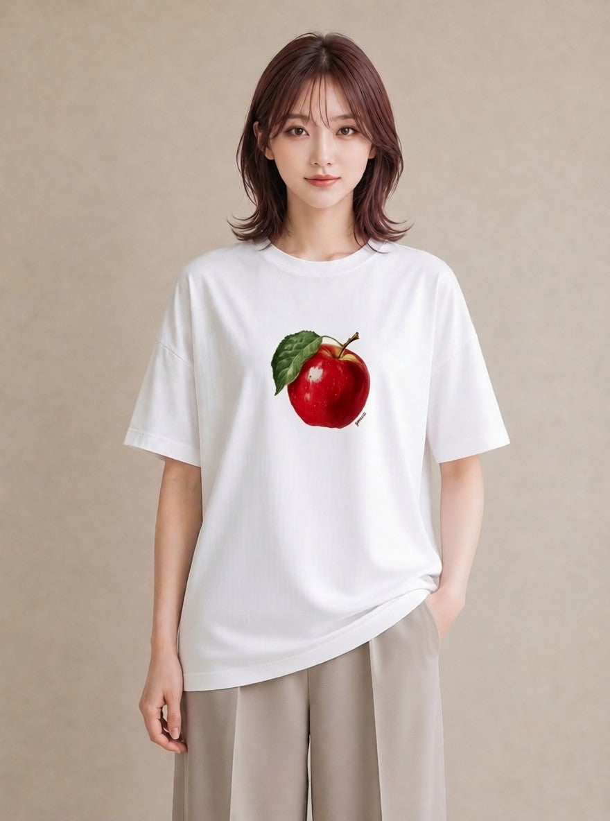 グラフィックTシャツ レディース りんご 林檎 アップル 食べ物 フード イラスト レトロ 友達ギフト 部屋着 白T