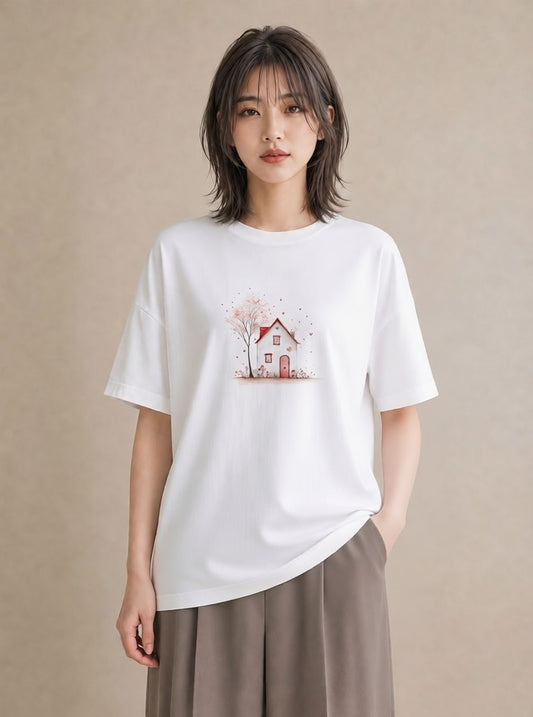 半袖Tシャツ レディース 遠い家と鳥 風景 鳥 ナチュラル アンティーク イラスト ヴィンテージ風 レイヤード 友達ギフト 白T