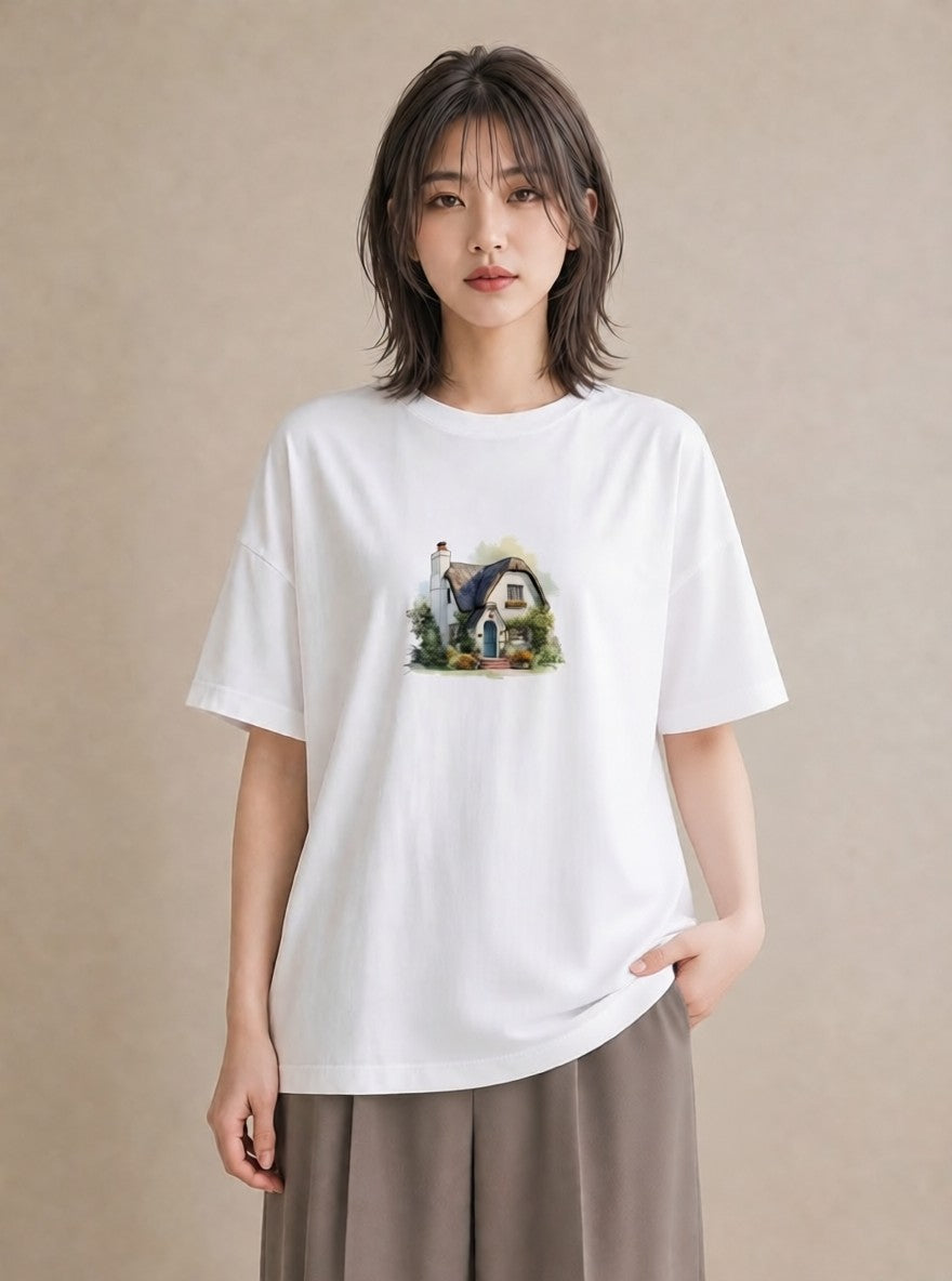 プリントTシャツ レディース 湖畔の小屋 湖 小屋 ナチュラル アンティーク イラスト ヴィンテージ風 秋コーデ おしゃれギフト 白T