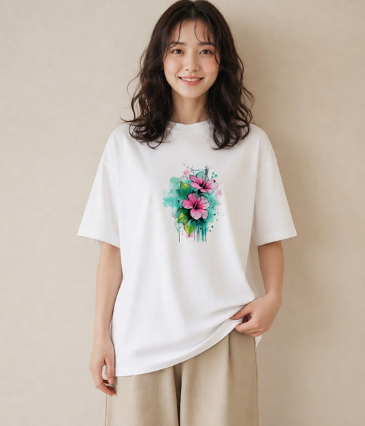 Tシャツ レディース あさがお 朝顔 花 花柄 イラスト 抜け感 休日 ペアコーデ 白T