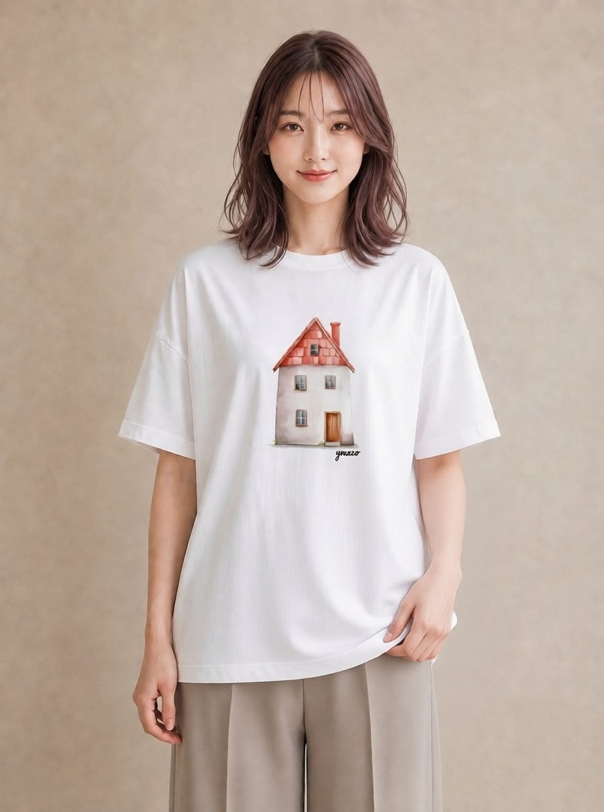 Tシャツ レディース 夕暮れ バルコニー 夕焼け ナチュラル アンティーク イラスト ボタニカル 部屋着 女性向けギフト 白T