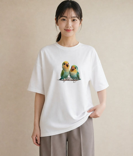 グラフィックTシャツ レディース セキセイインコ ペット 動物 イラスト フェミニン 姉妹 送別ギフト 白T