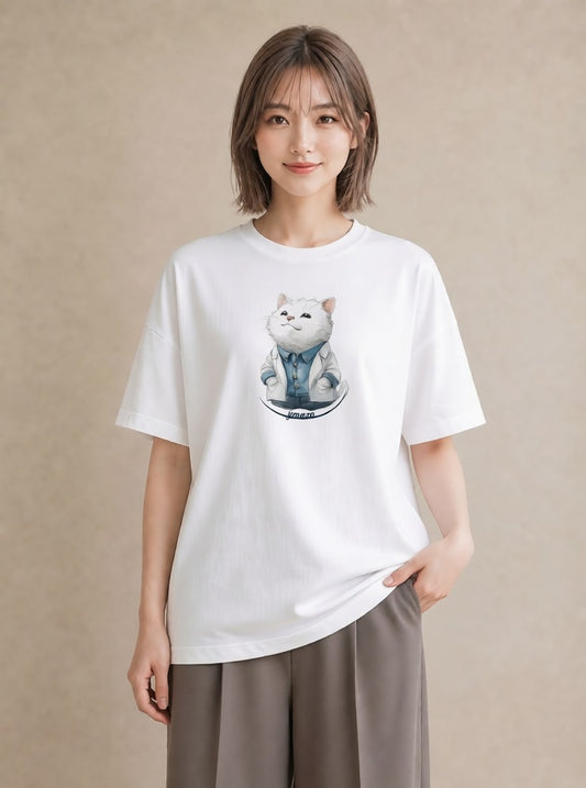 半袖Tシャツ レディース 猫 ねこ イラスト カジュアル 散歩 お出かけ 白T