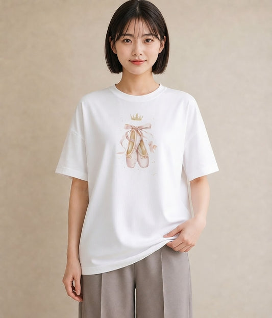 Tシャツ レディース バレエシューズ バレエ トウシューズ ナチュラル アンティーク イラスト ゆるコーデ 通学 誕生日プレゼント 白T