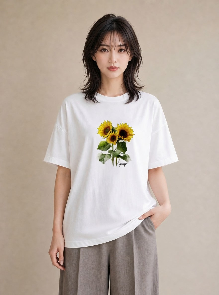 グラフィックTシャツ レディース ひまわり 向日葵 花 花柄 イラスト 手描き風 通学 誕生日プレゼント 白T