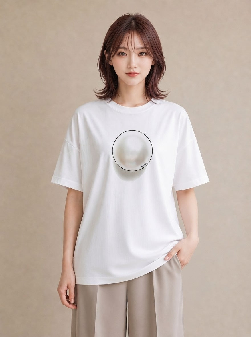グラフィックTシャツ レディース パールピアス アクセサリー ナチュラル アンティーク イラスト ゆるコーデ 社会人 女性 白T