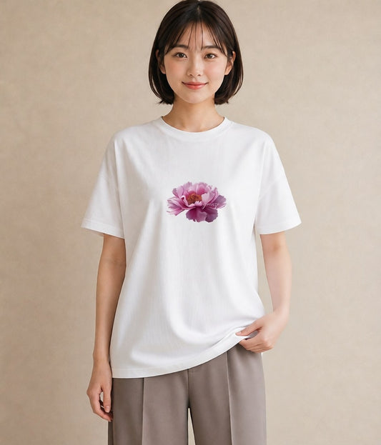 半袖Tシャツ レディース 牡丹 花 花柄 イラスト お洒落 デイリーウェア 休日 白T