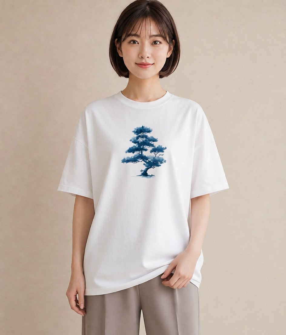 半袖Tシャツ レディース 青の水彩 風景 ブルー ナチュラル アンティーク イラスト ママ カフェ服 白T