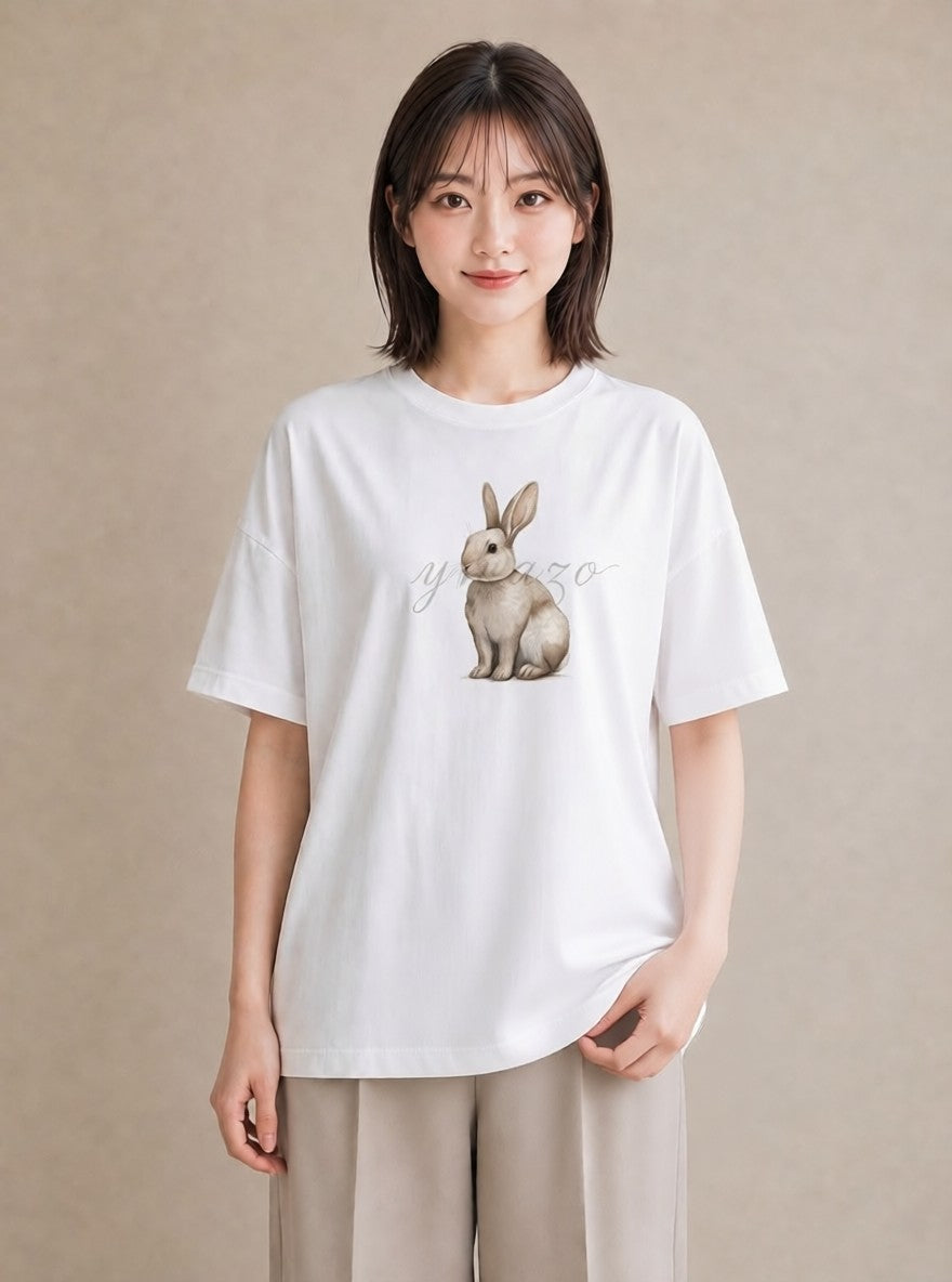 デザインTシャツ レディース ウサギ系野生 動物 アニマル イラスト ナチュラル 誕生日プレゼント 綿100 白T
