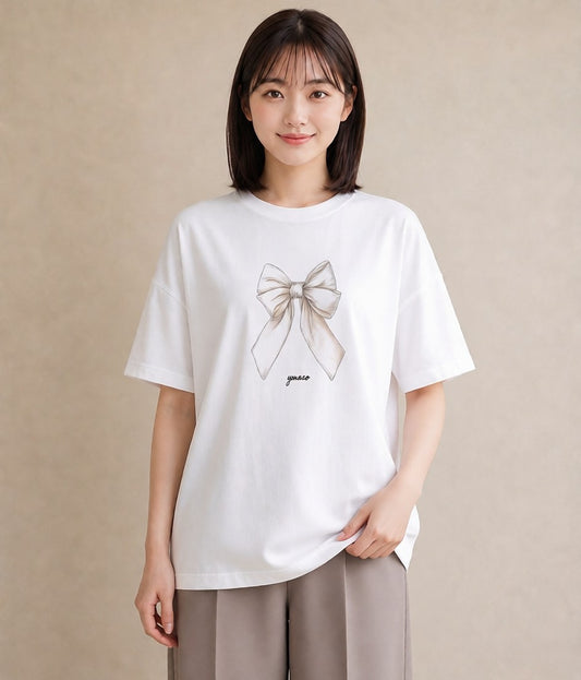 半袖Tシャツ レディース リボン ボウ りぼん イラスト ラフカジュアル 春コーデ 姉妹 白T