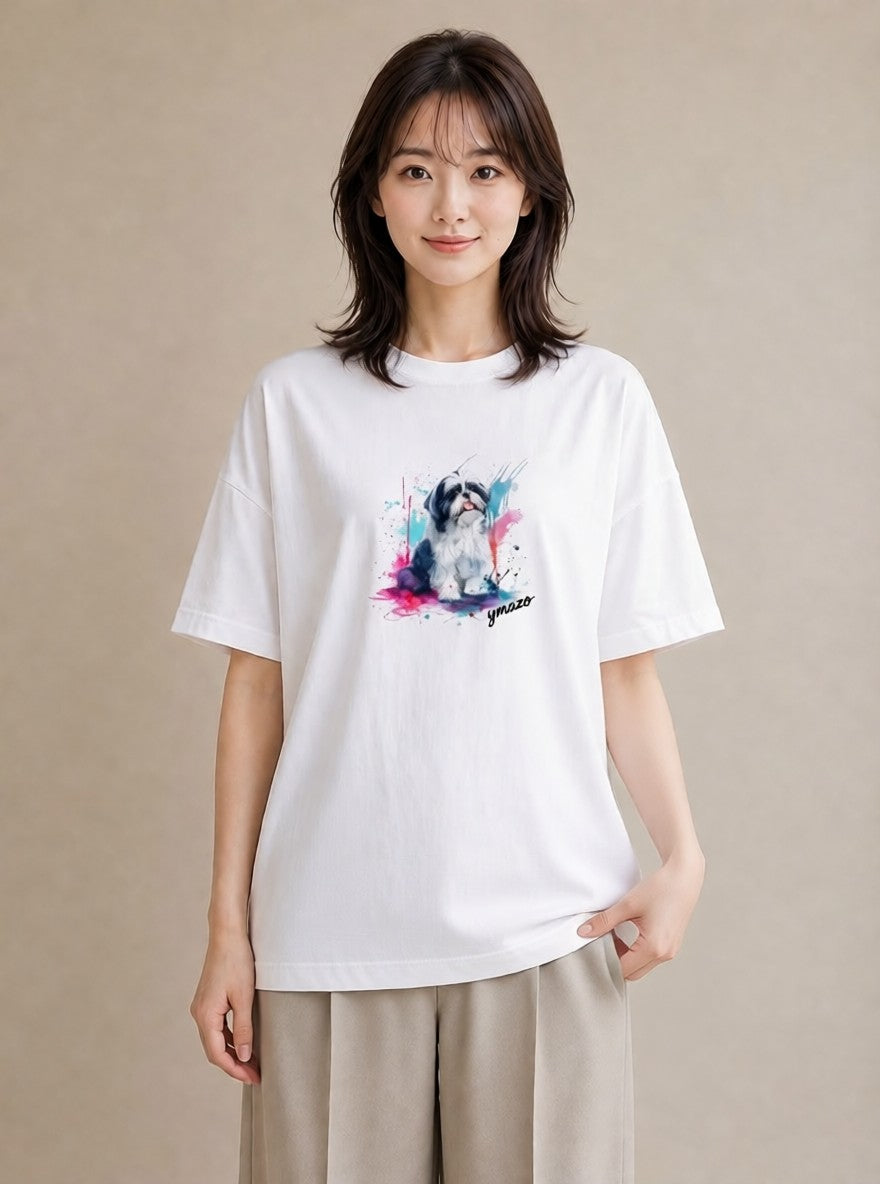 Tシャツ レディース 狆 犬 いぬ イラスト こなれ感 休日 ペアコーデ 白T