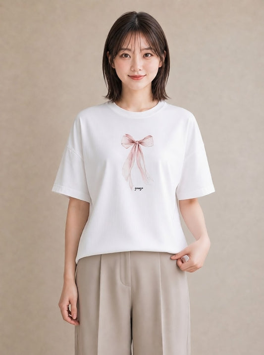 Tシャツ レディース リボン 蝶結び ナチュラル アンティーク イラスト ゆるコーデ 送別ギフト 通勤 白T
