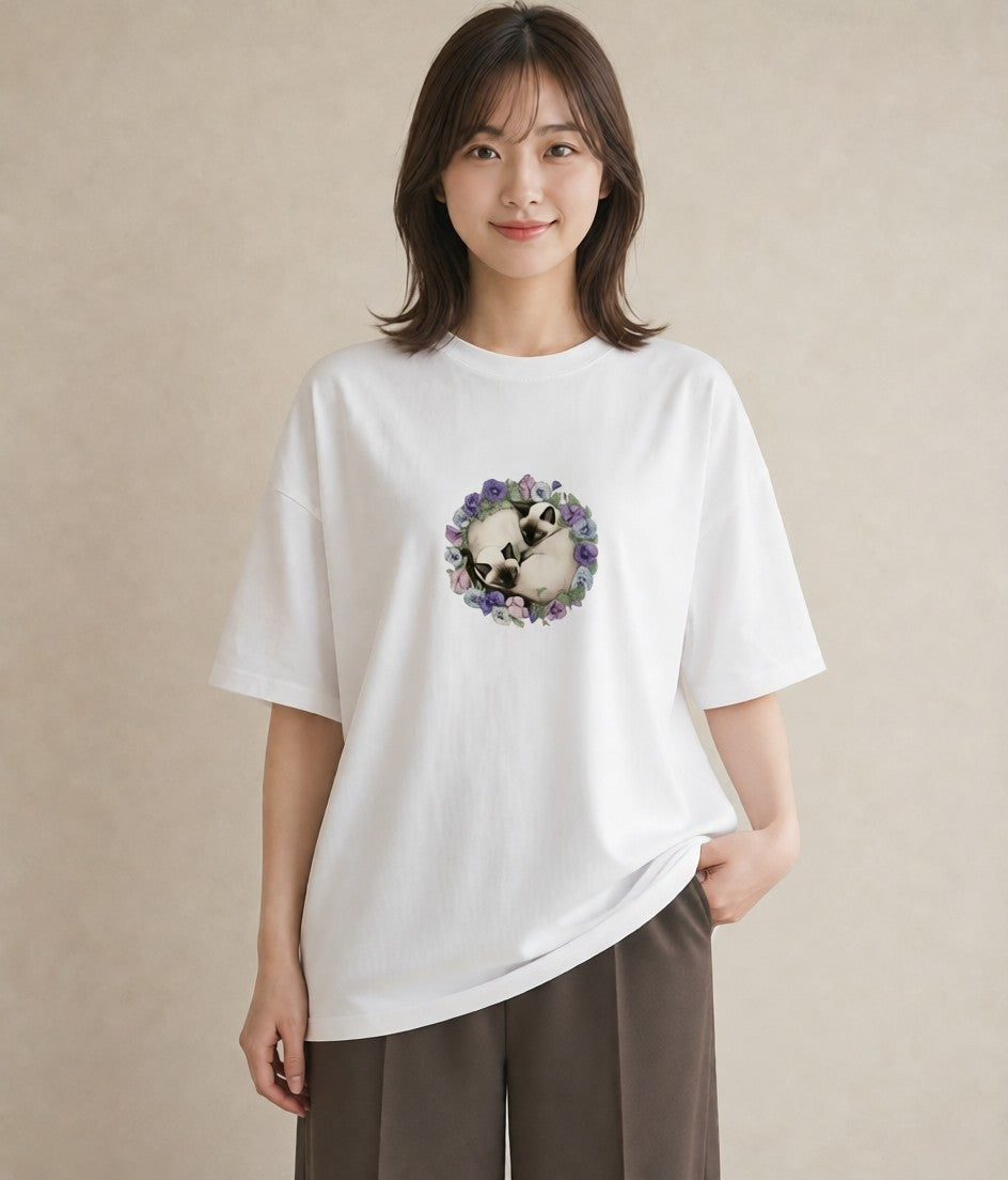 Tシャツ レディース シャム柄 猫 ねこ イラスト ユニーク 女子会 お揃い 白T