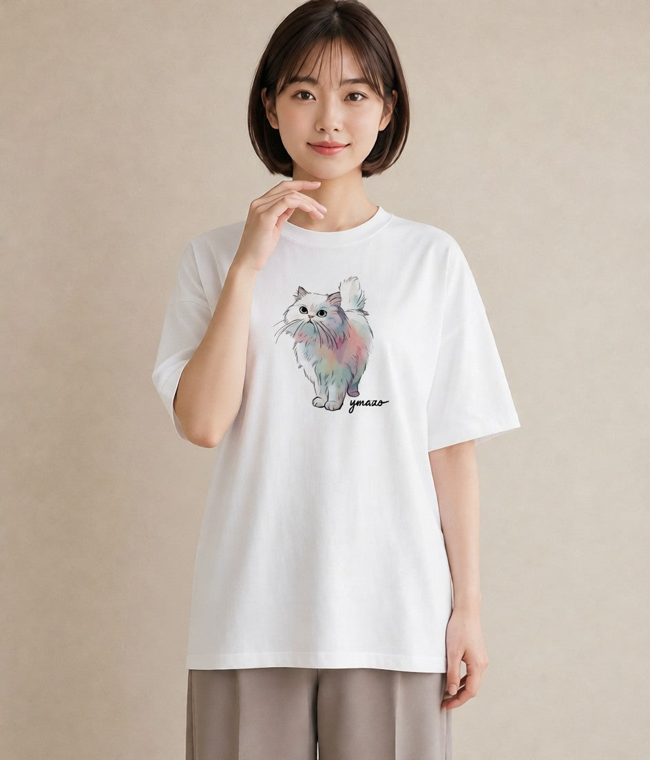 Tシャツ レディース おすわり猫 猫 ねこ イラスト モード ママ カフェ服 白T