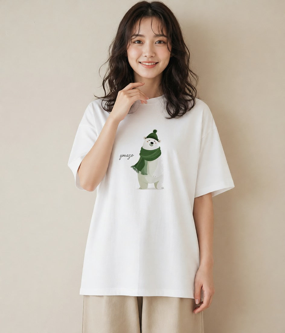 半袖Tシャツ レディース しろくま 白くま 動物 アニマル イラスト きれいめ 海 カフェ巡り 白T
