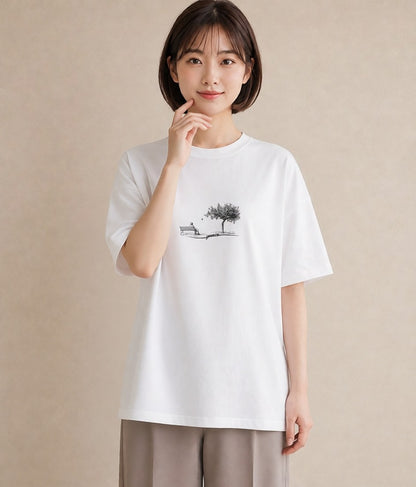 グラフィックTシャツ レディース 雨上がりのベンチ ベンチ ナチュラル アンティーク イラスト こなれ感 部屋着 女性向けギフト 白T