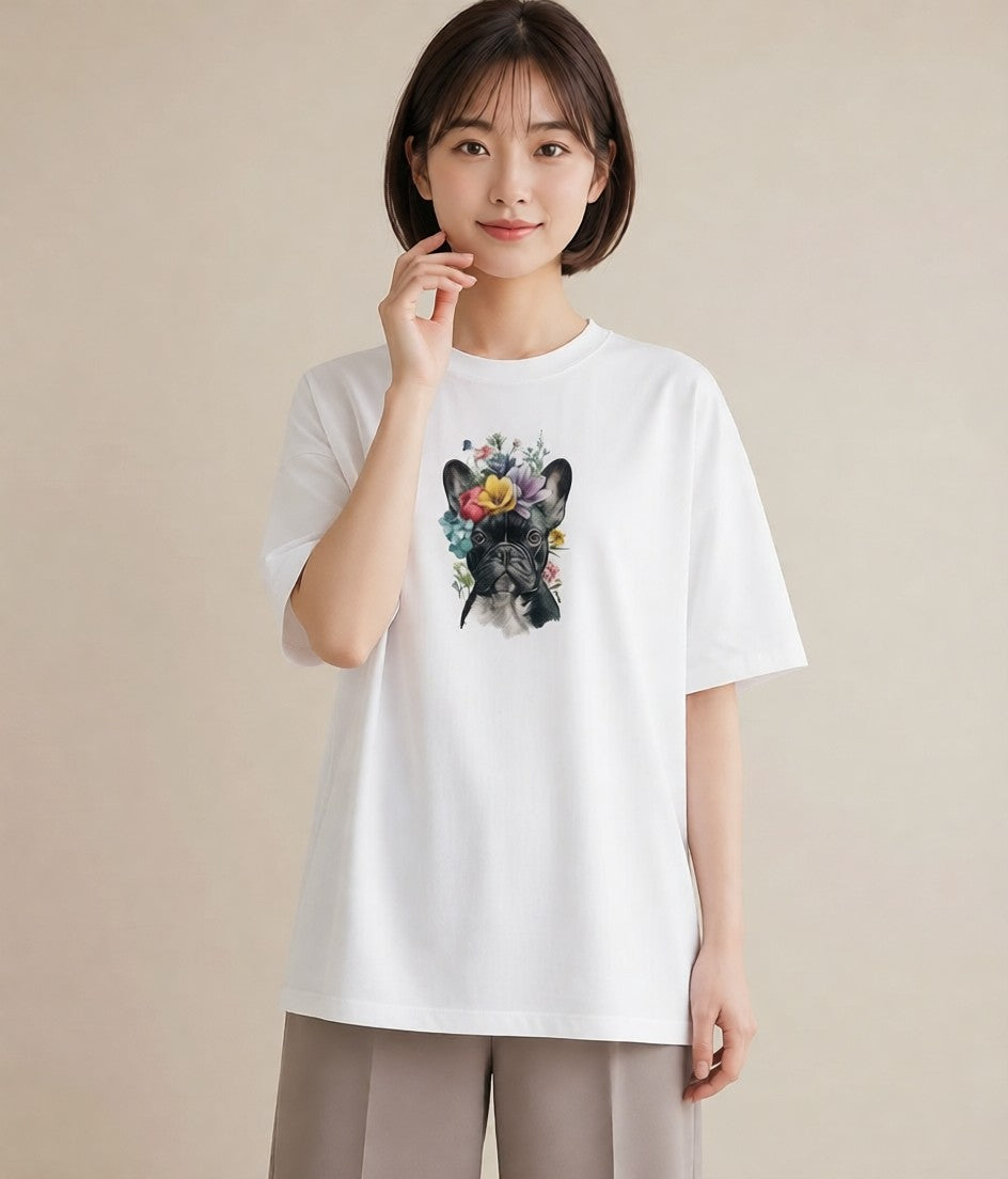 デザインTシャツ レディース フレンチブルドッグ フレブル 犬 いぬ イラスト カフェ服 クリスマス 白T