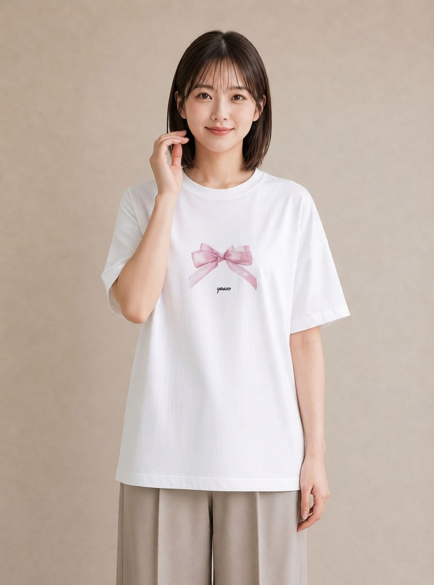 プリントTシャツ レディース リボン 蝶結び ナチュラル アンティーク イラスト 可愛い 在宅 公園 白T