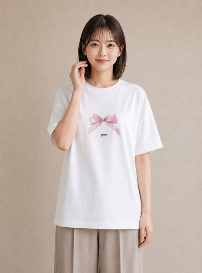 プリントTシャツ レディース リボン 蝶結び ナチュラル アンティーク イラスト 可愛い 在宅 公園 白T