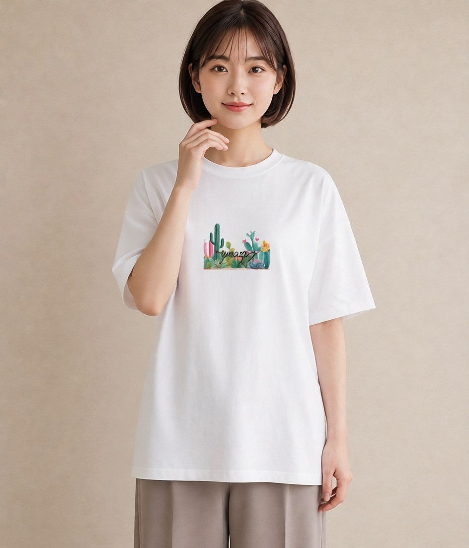 プリントTシャツ レディース サボテン 植物 ボタニカル イラスト 淡色 ホワイトデー 春服 白T
