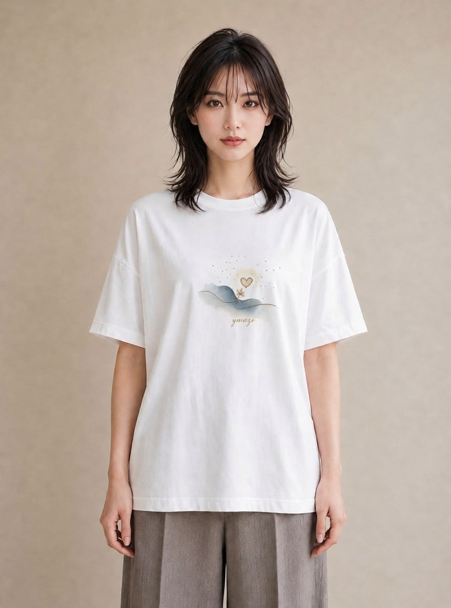 デザインTシャツ レディース 雪 星空 宇宙 イラスト 水彩風 帰省 ラフ 白T