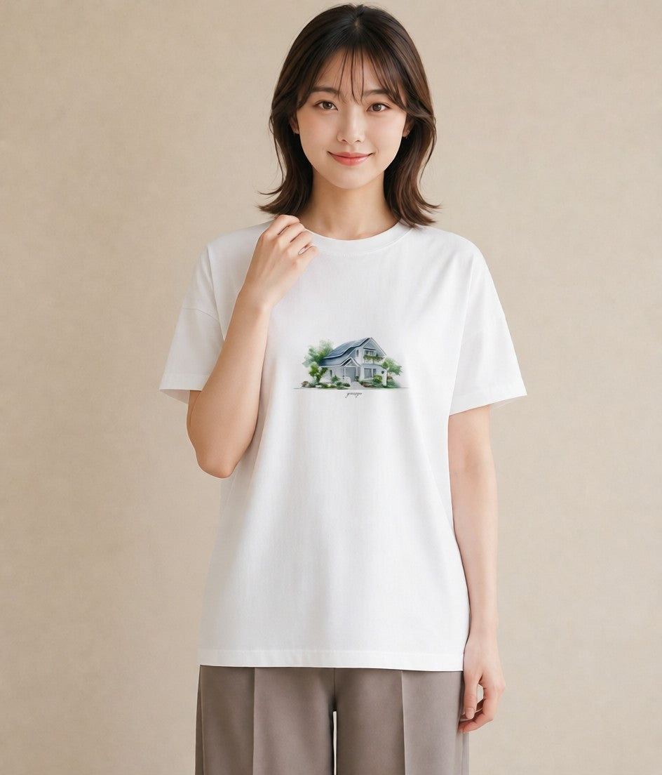 グラフィックTシャツ レディース 灯りの家 小屋 夜 ナチュラル アンティーク イラスト きれいめ ギフト 母の日 白T