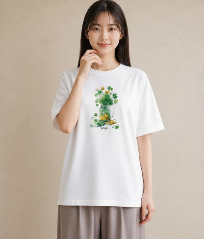 グラフィックTシャツ レディース クローバー 四つ葉 花 花柄 イラスト 旅行コーデ カフェ服 クリスマス 白T