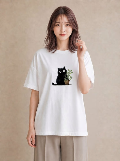 半袖Tシャツ レディース 黒猫 猫 ねこ イラスト 韓国風 普段着 週末コーデ 白T