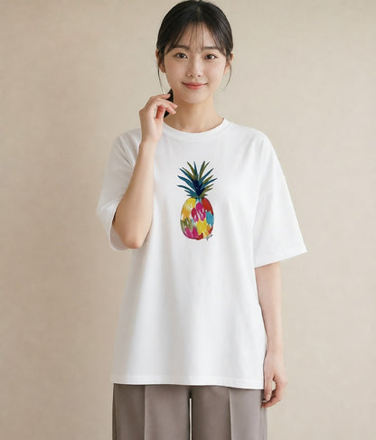 プリントTシャツ レディース パイナップル 食べ物 フード イラスト フェミニン 春服 ミセス 白T