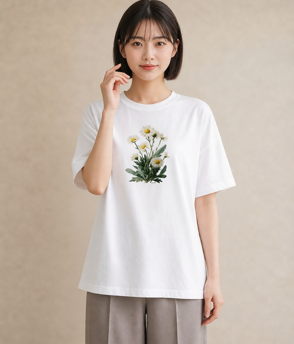 半袖Tシャツ レディース デイジー 花 花柄 イラスト シック 海 カフェ巡り 白T